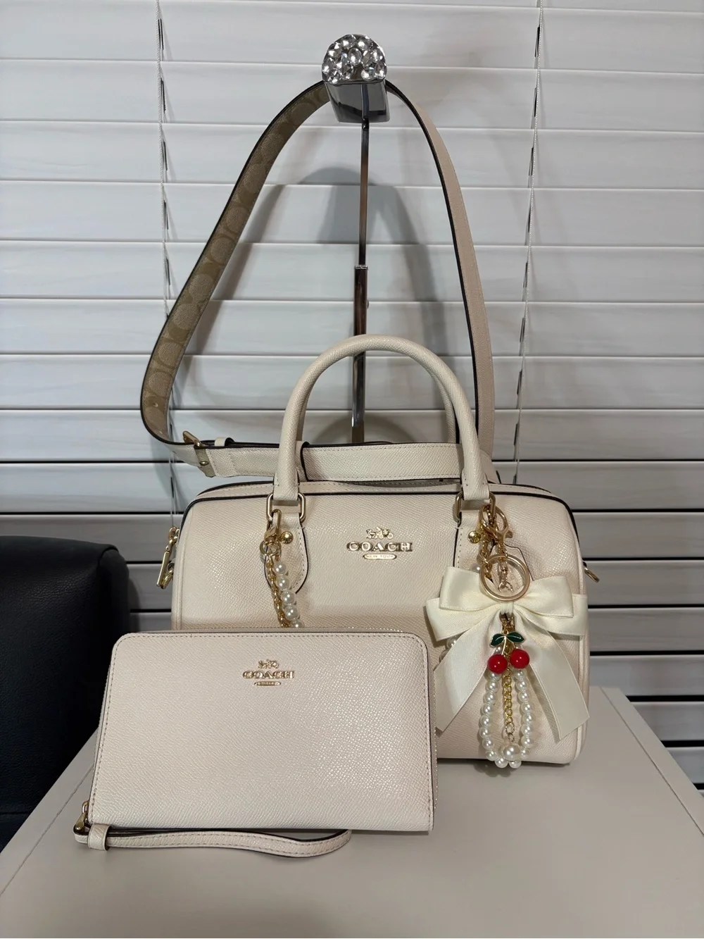 COACH Rowan Satchel Chalk Crossgrain Leather Bag & Zip Around Wallet Set